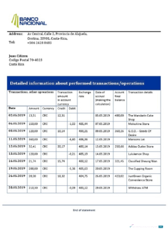Download Costa Rica Banco Nacional de Costa Rica bank statement word